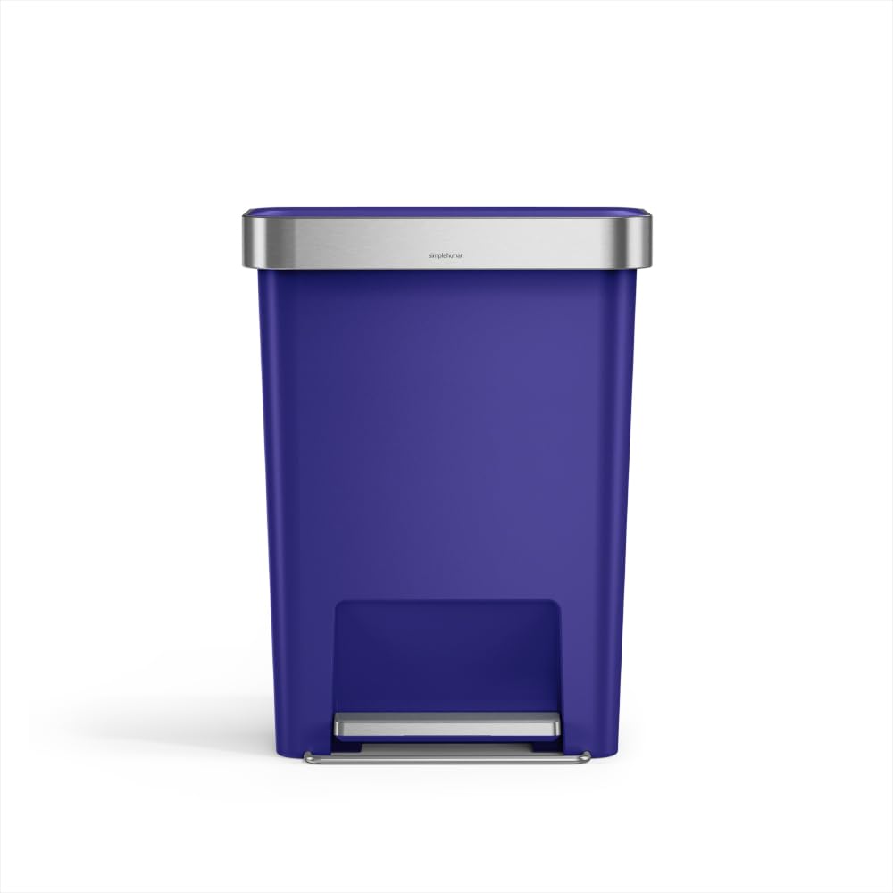 simplehuman Hybrid Pedal Bin, 45L Rectangular Kitchen Bin, Studio Edition, Liner Rim System, Liner Pocket®, 150,000-Step Pedal, Lid Shox® Silent Close, Indigo Plastic