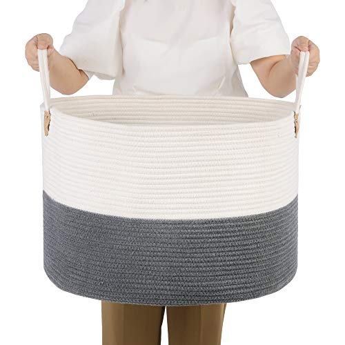 SONGMICS Baumwollseilkorb, Griffen, Wäschekorb aus Baumwolle, 100 L, für Spielzeug, Kleidung, Decken, Grau-Beige, 55 x 55 x 35 cm, LCB401G01