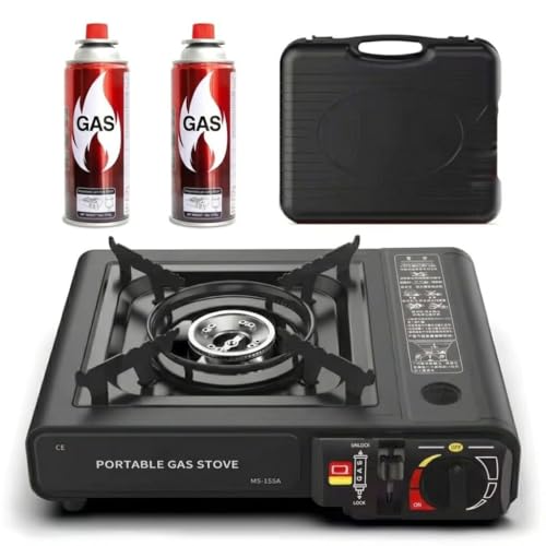 Portable Gas Stove with Carrying Case and 2 Butane Fuel Canisters Single Burner Adjustable Heat for Camping Picnics and Emergency Use