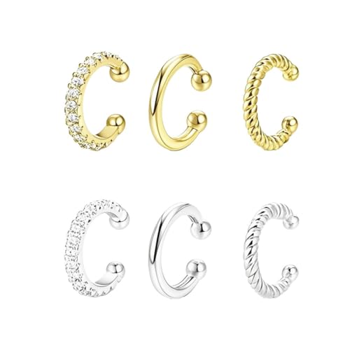 ZUWIJEQ 6 Pcs Aretes Clip Oreja Sin Agujero Mujer Ajustables Hipoalergénicos Falsos Oreja Helix Puños de Cartílago Oro/Plata