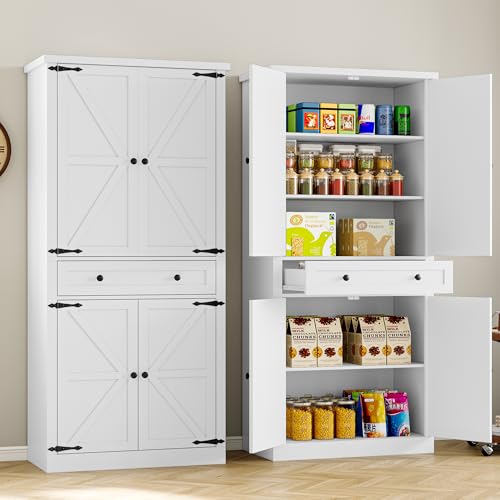Image of BORNOON Pantry Organizers and Storage Cabinet, 67.7 inch Barn Door White Kitchen Cabinet with Drawers and Adjustable Shelf, Tall Pantry for Kitchen, Dining Room, Living Room