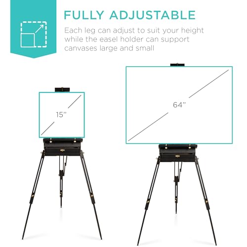 Image of Best Choice Products French Easel, 32pc Beginners Kit Portable Wooden Folding Adjustable Sketch Box Artist Tripod for Painting, Drawing w /Acrylic Paints, Brushes, Canvases, Palettes - Black