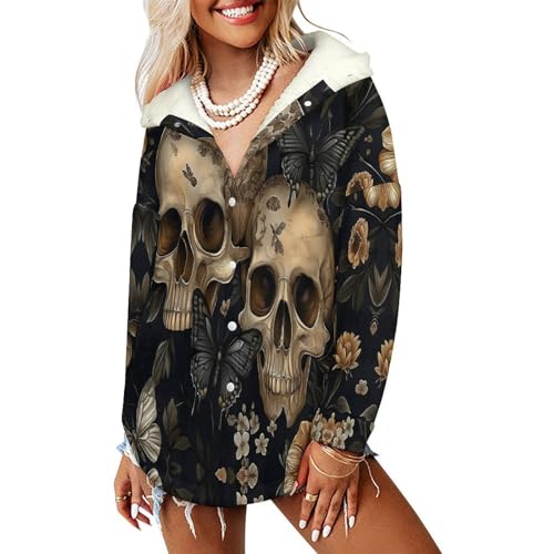 Manteaux polaire femme motif crâne fleur veste mi-longue originale