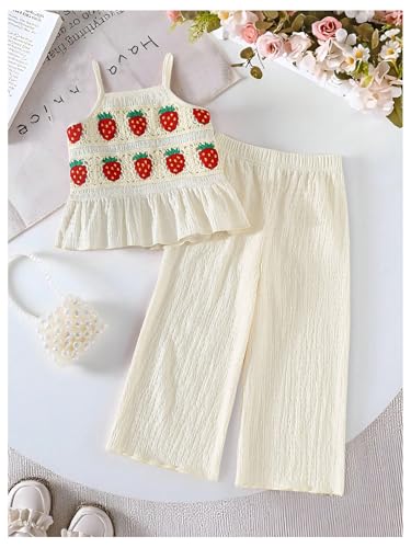 Image of WDIRARA Girl's 2 Piece Outfits Boho Floral Crochet Ruffled Sleeveless Cami Top and Wide Leg Pants