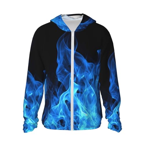 UPF 50+ Sun Protection Hoodie Rash Guard Long Sleeve Sun Shirt Blue Flame UV Shirt Full Zip Jacket