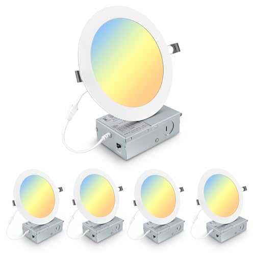 Elaruslux 4 Pack 7 Inch 3CCT Ultra-Thin LED Recessed Light with Junction Box, 3000K/4500K/6000K Selectable, 18W Eqv 125W, Dimmable Canless Downlight, 1600LM High Brightness(4-Pack)