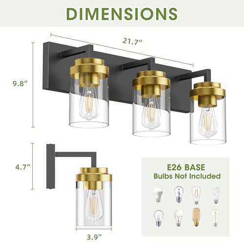 Image of Bathroom Lighting Fixtures, 3-Light Bathroom Vanity Lights Over Mirror, Black and Gold Vanity Light with Glass Shade, Modern Vanity Lighting Fixtures for Bathroom, Bedroom, Hallway