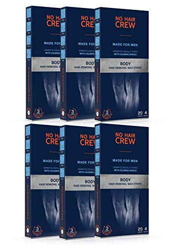 6 x NO HAIR CREW Body Hair Removal Wax Strips – High Performance Wax Strips. Made for Men. (Set 6 x 20 Strips & 4 Soothing Cleansing Wipes)