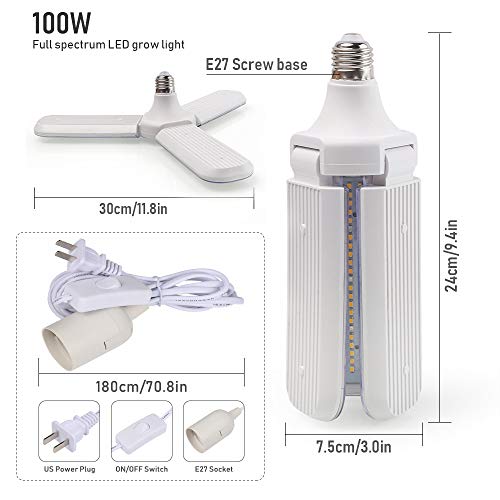 150W LED Grow Light Bulb Foldable Sunlike Full Spectrum Lamp for Indoor Plants, 414 LEDs Sunlike Grow Lights with Power Cord, E27 Plant Lamp for Flowers, Vegetables, Greenhouse & Hydroponic (2 Pack)