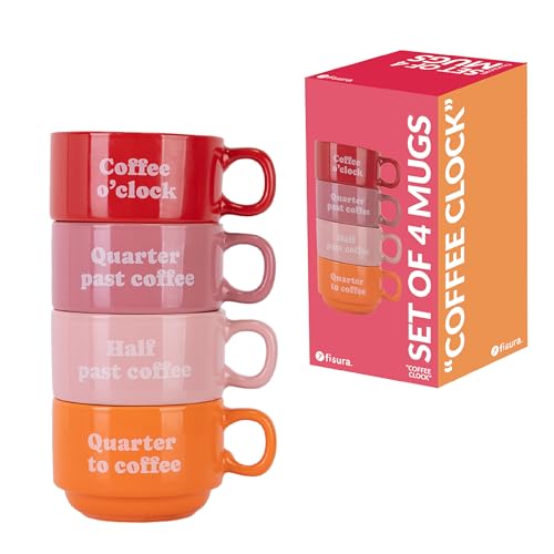 Fisura – Juego de tazas originales “coffee clock ”.Tazas blancas con frases. Tazas originales con mensaje para regalar. Juego 4 tazas de cerámica graciosas