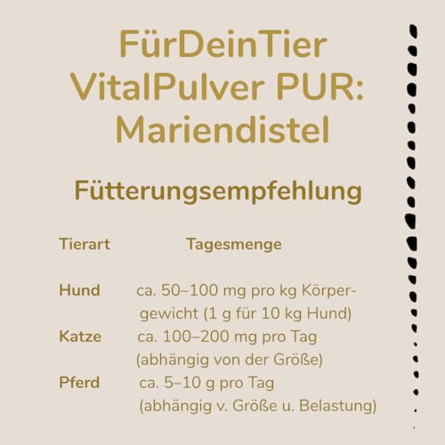 Für Dein Tier VitalPulver Pur | 100% Mariendistel als Pulver (1 x 200 g) | 80% Silymarin, hohe Reinheit und Qualität | speziell für Hunde, Katzen und Pferde | Unterstützt Leberfunktion und Entgiftung