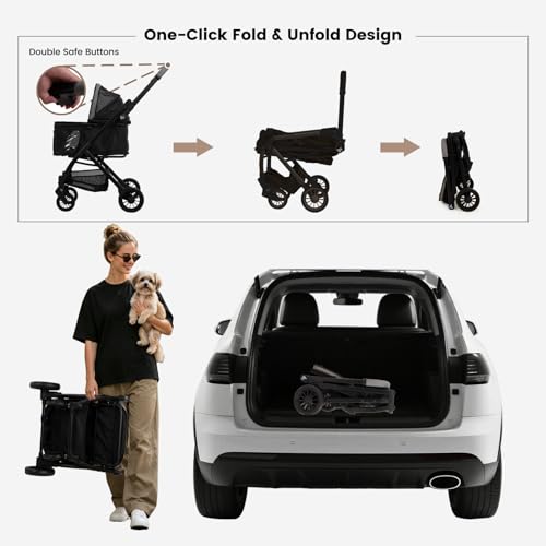 Image of Babyboat Portable Dog Stroller for Small Dogs Cats Up to 35 Lbs - Black | One Hand Folding Compact Travel Pet Stroller with Convertible Canopy, Storage Basket, Cup Holder