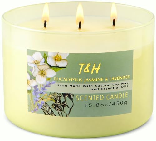 Eucalyptus Jasmine Lavender Scented Candle | 3 Wick Large Soy Candle for Home 15.8oz | Calming Aromatherapy Spa Candle | Strong Scent, Long Lasting, Clean Burn | Stress Relief Gift for Women & Men