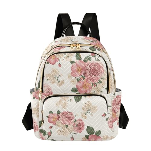 Image of Women Fashion Backpack Purse Roses Vintage Floral Rucksack, M | Casual Lightweight Quilted Daypack Ladies Bag for College Travel Work