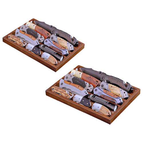 Image of Large Pocket Knife Organizer & Display Holder, Wooden EDC Tray for Folding Knives, Flashlights & Challenge Coins (Walnut, 2 Pack)