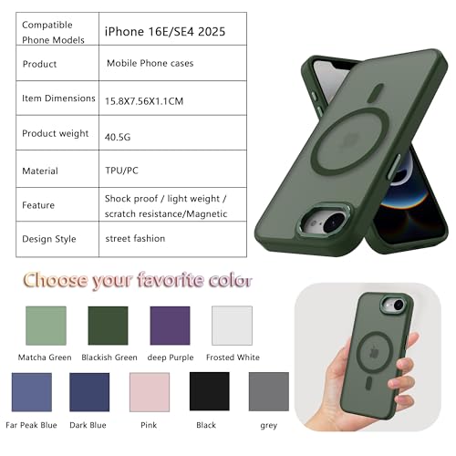 Image of Magnetic iPhone 16E /17e case,Compatible with Magsafe, Military-Grade Protection,Slim Translucent Matte Shockproof with Anti-Scratch Anti-Fingerprint Phone Cover (blackish green, iPhone 16E /17e)