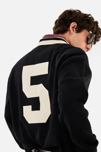 Image of SNITCH Men's Sweatshirt | Oversized Fit Pullover with Embroidered Logo & Contrasting Striped Polo Collar | Stylish Polyester Cotton Blend Casual Wear