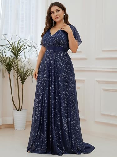 Image of Ever-Pretty Plus Women's Glitter Formal Dress Evening Gown for Gala V-Neck Short Sleeve Floor Length Plus Size Prom Dresses