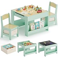 MAMIZO Tavolo per bambinicon 2 sedie, 3 in 1 Set tavolo e sedie, Mobili in legno per bambini con contenitori e librerie, Tavolo da gioco e attività, Tavolo da disegno, 3-7 ann (Verde)