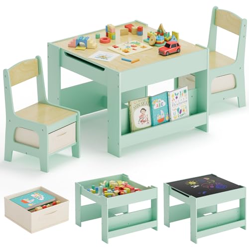 MAMIZO Mesa Infantil con 2 sillas, Juego de Mesa y sillas 3 en 1, Muebles Infantiles de Madera con almacenaje y estanterías, Mesa de Juegos y Actividades, Mesa de Arte, para 3-7 años (Verde)