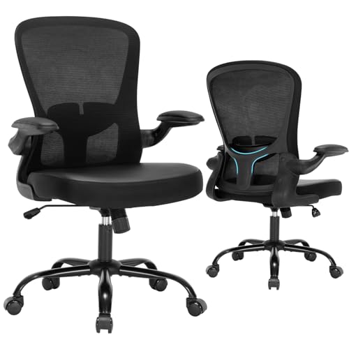 HOMIFYCO Silla de oficina, silla de escritorio ergonómica con reposabrazos abatibles, silla de computadora de piel sintética con soporte lumbar, silla ejecutiva giratoria de malla, silla de trabajo