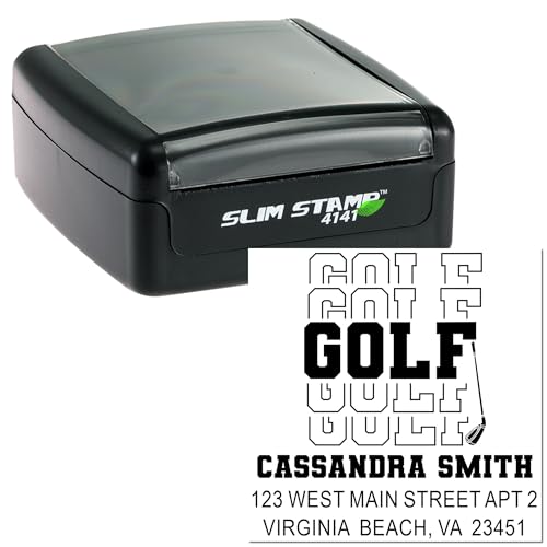 Image of Small Golf Statement Slim Pre-Inked Address Stamp - Slim Pre Inked Stamp | Choice of 5 ink colors. Small Return Address Stamp. Golf Stamp Customized. Dense, sharp imprint. Quiet stamping. Stores flat.