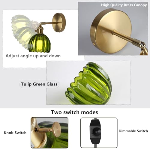 Image of HuisMier Dimmable Plug in Wall Sconces, Vintage Green Tulip Glass Lampshade Wall Light with On /Off Switch, Modern 180 Degree Adjustable Brass Wall Sconces for Bathroom Bedroom Hallway, Plug in