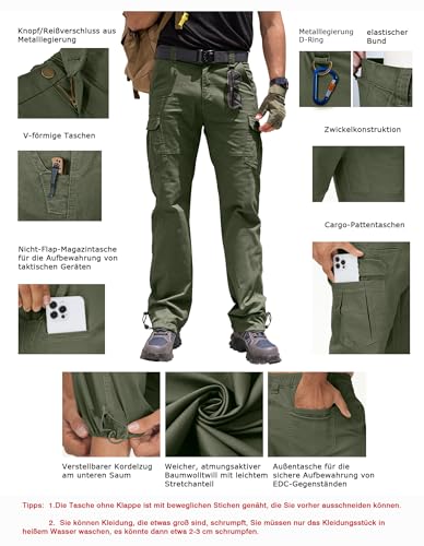 Vthereal Cargohose Herren Baumwolle Outdoorhose mit 7 Taschen Männer Arbeitshosen Chino Taktische Ranger Hose für Jagd Wandern, Armeegrün, M