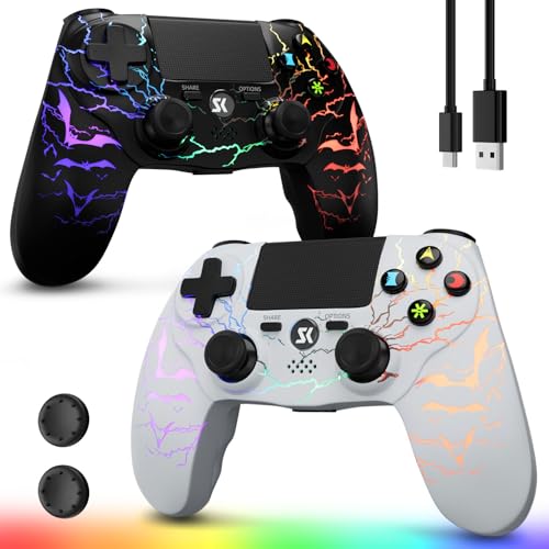 Image of Wireless Controller for PS4 2-Pack with RGB LED Modes, Gaming Remote for PS4 with1000mAh Battery /Dual Shock /6-Axis Gyro /3.5mm Audio Jack /Speaker, Gaming Controller for Playstation 4 /PS3(White+Black)