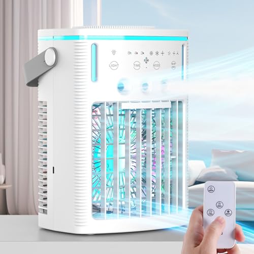 Aire Acondicionado portátil con Control Remoto, depósito de Agua de 1000 ml, 3 velocidades de Viento, Aire Acondicionado portátil 4 en 1 con Temporizador de 2 a 8 Horas,