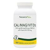 NaturesPlus Calcium/Magnesium/Vitamin D3 with Vitamin K2 - Supports Bone & Immune Health - Vegetarian, Gluten Free - 180 Tablets - 45 Servings