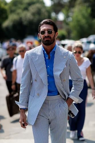 Men's Striped Seersucker Suits Casual 2 Pieces Double Breasted Tuxedos Summer Beach Wedding Blazer Pants for Groom4