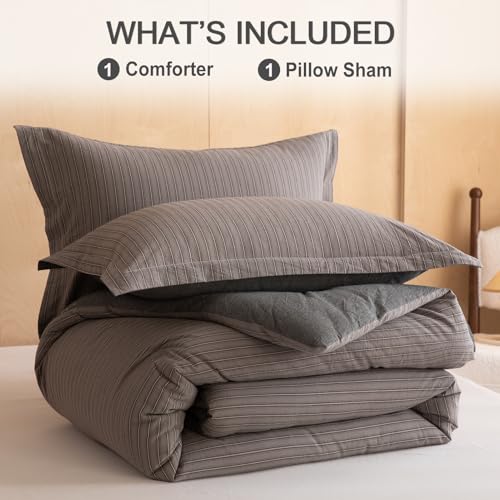 Image of 100% Cotton Comforter Set Twin Size - Reversible Yarn-Dyed Stripe Design, Soft Washed Cotton on Both Sides, Lightweight All-Season Bedding, Machine Washable(Dark Grey Stripe, 68 inchx90 inch)