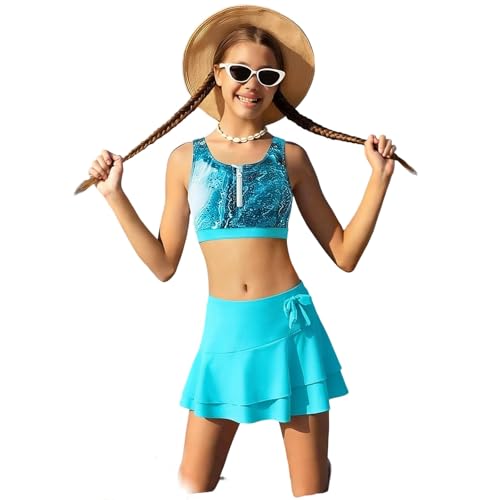 Conjunto de traje de baño de tres piezas niño niña estampado floral lindo con vestido cubriente y falda playa traje completo para comercio transfronterizo, azul celeste, 11-12 Años