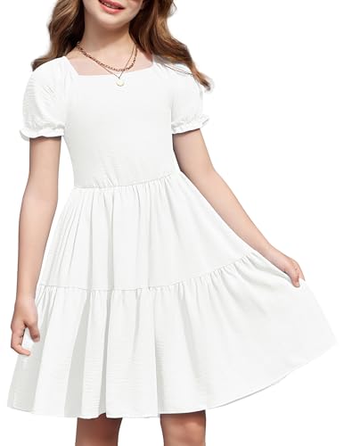 Arshiner Girls Summer Dress Tie Back Short Sleeve Square Neck Tiered Midi Casual Dresses with Pockets