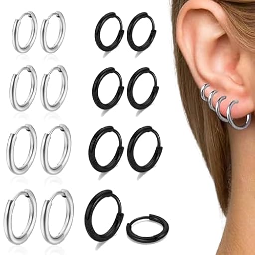 VONJUMA 8 Pares Pendientes Aro De Acero Inoxidable Para Hombre Y Mujer Pendientes Redondos Pendientes De Cartílago Nariz Labios Anillos Hipoalergénicos Talla Única Acero 8/10/12/14Mm Negro Plata | Ya disponible en tu tienda friki favorita! En mundofriki.es!