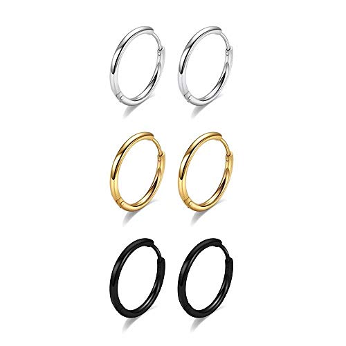 Huggie Hoop Earrings Set - 6mm Small 20G Gold Black Silver Hoop Earrings 316L Surgical Stainless Steel Hypoallergenic Hugging Hoop Earring Set Cartilage Earring 3 Pairs Tragus Earrings