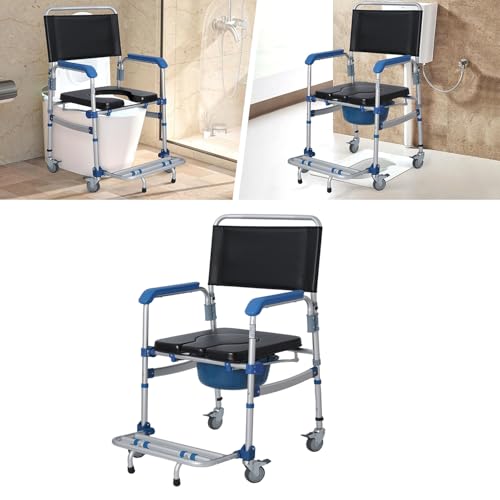 Tcatec Commode Toilet Chair with Wheels Shower Chair Commode with Removable Toilet Shower Chair with Wheels for Elderly Shower Commode Seat for Disabled People, Pregnant Women, Patients and Elderly