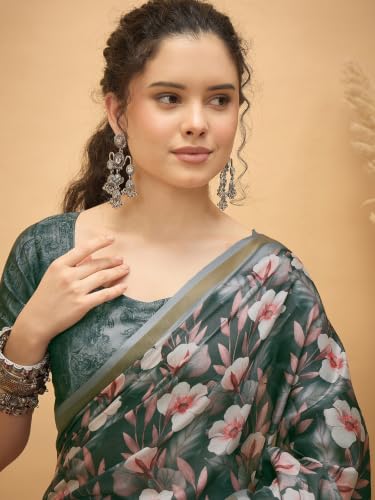 Image of Satrani Women's Floral Printed Silk Saree with Unstitched Blouse