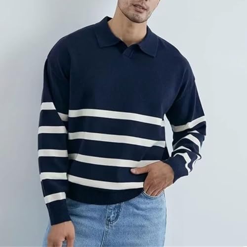 Men’S Simple Turn-Down Collar Striped Knitted Pullover Sweater Casual Loose Long Sleeve Jumper Top4