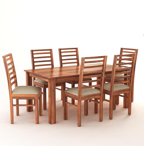 Image of Solid Sheesham Wood Dining Set with Dining Table & Cushioned Chairs | Elegant | Comfortable | Durable & Stylish for Dining Room | Living Room | Home & Office | Hotels Restaurant (brown 25)