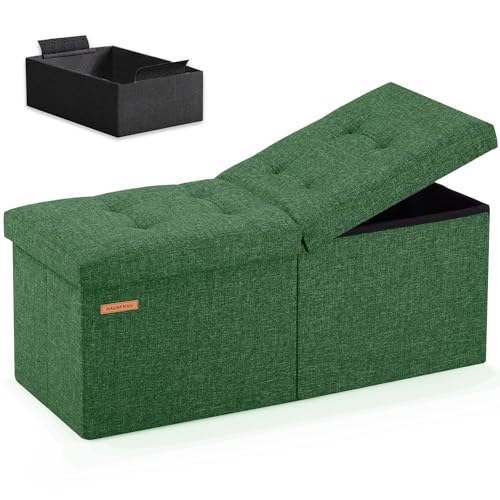 HAUSFRAU 31.5 Inches Ottoman with Storage Bench, Folding Ottoman Bench Small Foot Rest Stool, Bedroom Bench with Flipping Lid, Linen Green
