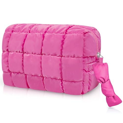 Gosect Quilted Cute Makeup Bag, Checkered Cosmetic Bags with Divider, Waterproof Travel Toiletry Bag, Puffy Make up Pouch for Women Travel Essentials (Bow, Fuchsia, Medium)
