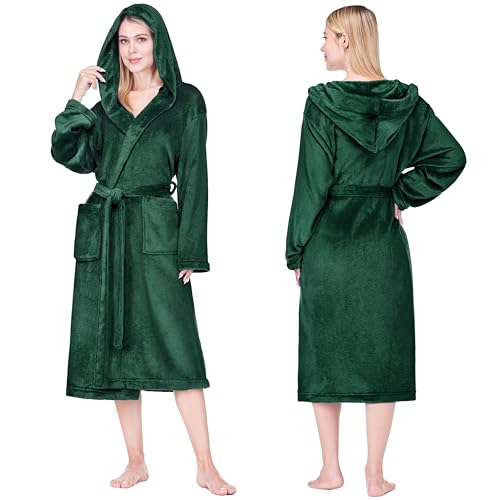 PAVILIA Womens Hooded Fleece Robe Soft Plush Long Bathrobe with Hood Lightweight Warm Cozy Spa Shower Housecoat L/XL Emerald Green
