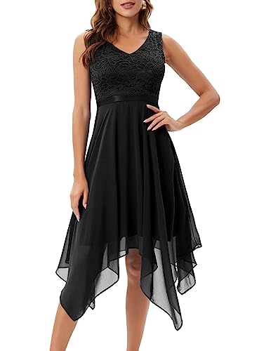 Meetjen Damen Cocktaikleid Knielang Festlich Abendkleider Elegant Kleid Hochzeitsgast Abschlusskleid Schwarz L