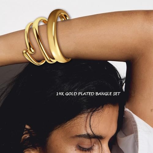 Chunky Gold Cuff Bangles for Women Wide Hinged Bangle Bracelets Statement Thick Cuff Bracelet Stack Chunky 14K Gold Plated Bangle Set2