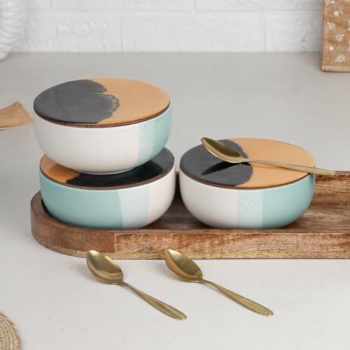 Image of The Earth Store TT Green Matte Ceramic Bowl Serving Set - 3 Bowls (500ml Each) with Wooden Tray, 3 Spoons & 3 Multipurpose Lids /Coaster - for Snacks, Curries, Desserts & Fruits | Diwali Gift