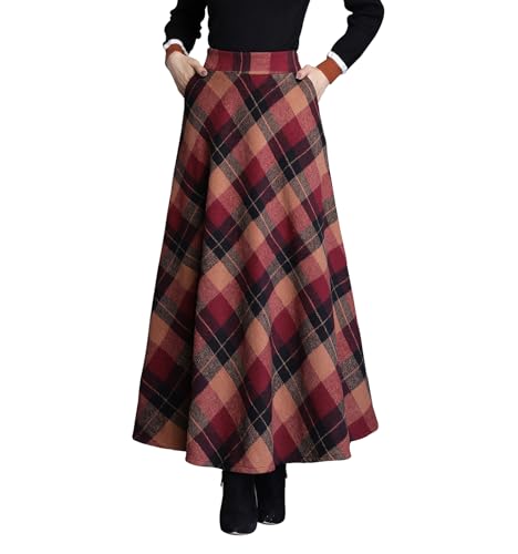 Womens Plaid Wool Long Skirt Vintage High Waist A-line Fall/Winter Midi Skirt