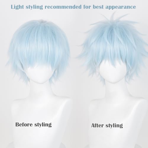 Image of LABEAUTE Light Blue Cosplay Wig Okazaki Shinichi Anime Wig Heat Resistant Synthetic Hair with Wig Cap for Halloween Comic Con Party