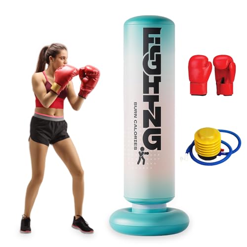 WIYETY Saco de boxeo de 180 cm de pie, hinchable: saco de boxeo con base que no cae, saco de boxeo con guantes de boxeo, bomba UNE para entrenamiento de boxeo de adolescentes y adultos, ayuda a